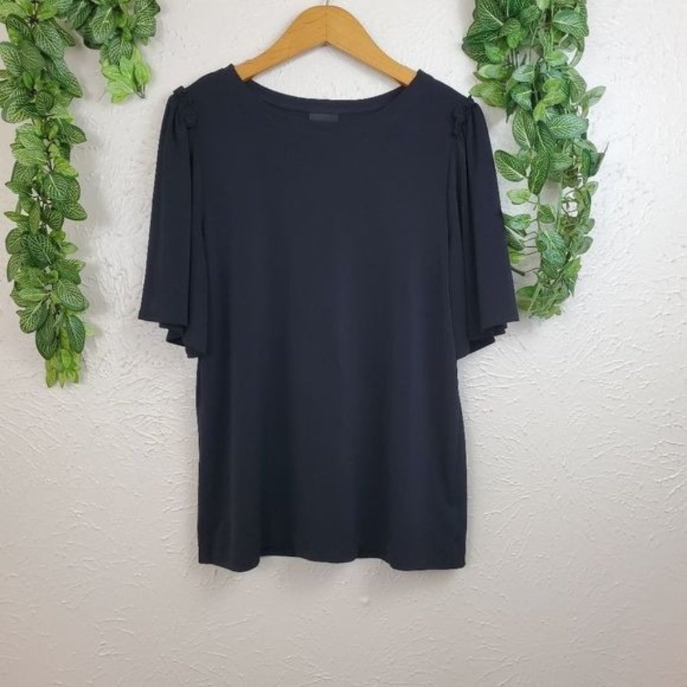 Worthington Ruffle Flare Sleeve Black Stretch Blouse Short Sleeve Size Small